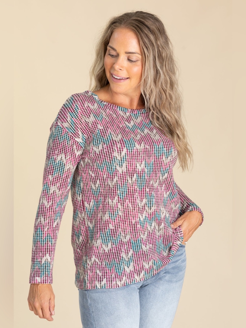 028 Haptics Chevron Weave Detail Long Sleeve Top
